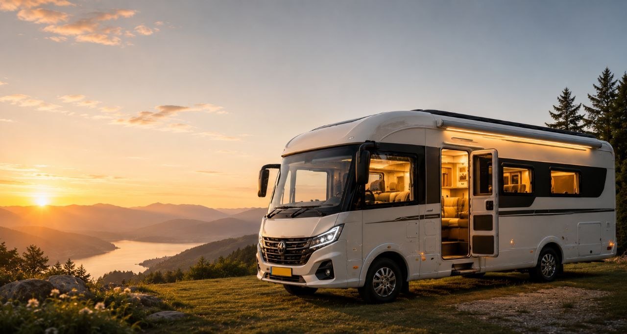 Luxury motorhome parked at sunset on a grassy ridge above a lake, side door open with the interior lit